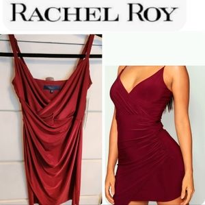 NWT Rachel Roy V-Neckline Burgundy Wine Ruched Front Bodycon Dress